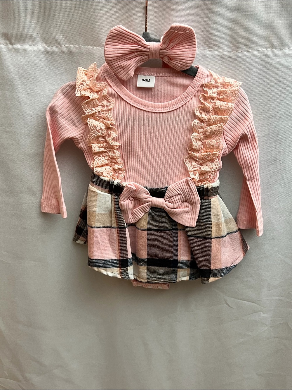 Baby Girl Pink Plaid Lace Ruffle Skirted Romper With Headband 6-9M